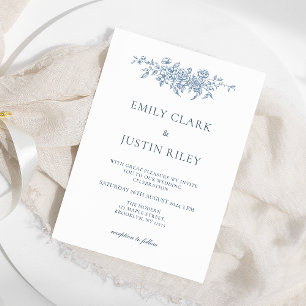 Convites Casamento Azul Floral Elegante Vintage