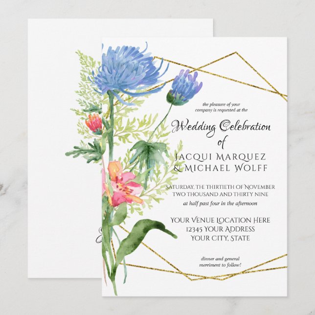 Convites Casamento Azul Floral Moderno com Aquarela Geométr (Frente/Verso)