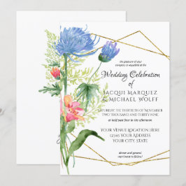 Convites Casamento Azul Floral Moderno com Aquarela Geométr