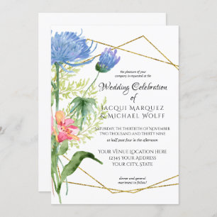 Convites Casamento Azul Floral Moderno com Aquarela Geométr