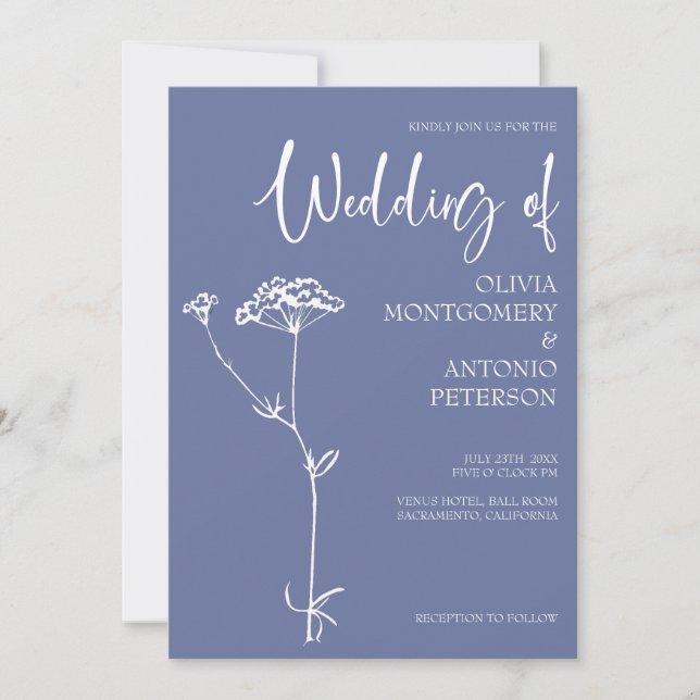 Convites Casamento Azul Floral Moderno Minimalista (Frente)