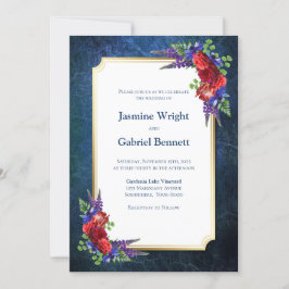 Convites Casamento Azul Floral Vermelho