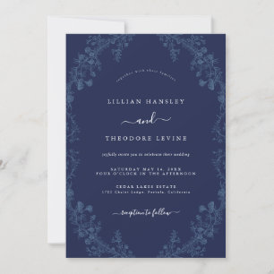 Convites Casamento Azul Floral Vintage Elegante  