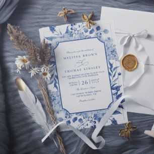 Convites Casamento Azul Floral Vintage Elegante Moderno Chi