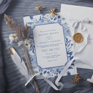 Convites Casamento Azul Floral Vintage Elegante Moderno Chi
