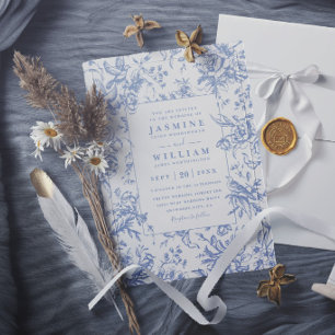 Convites Casamento Azul Floral Vintage Elegante Moderno Chi