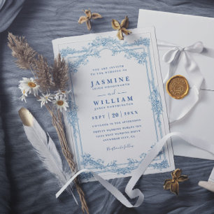 Convites Casamento Azul Floral Vintage Elegante Moderno Chi