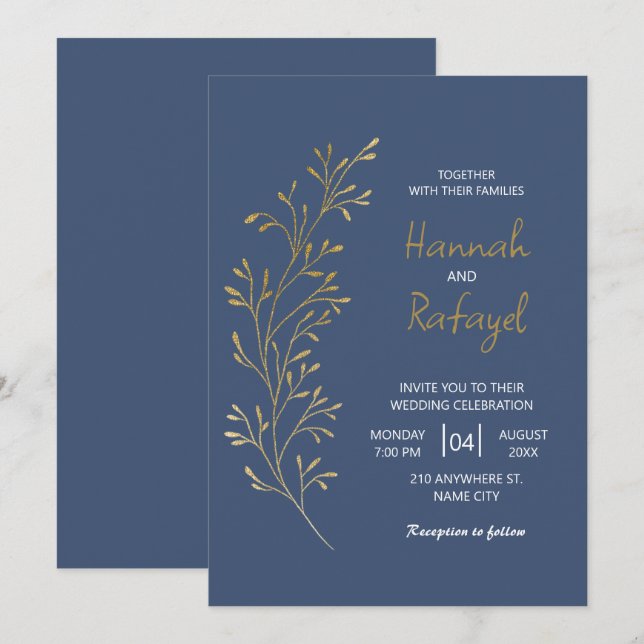 Convites Casamento Azul Folha Dourada Simples Moderno (Frente/Verso)