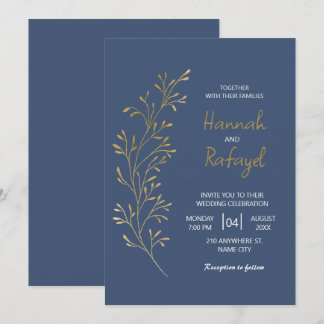 Convites Casamento Azul Folha Dourada Simples Moderno