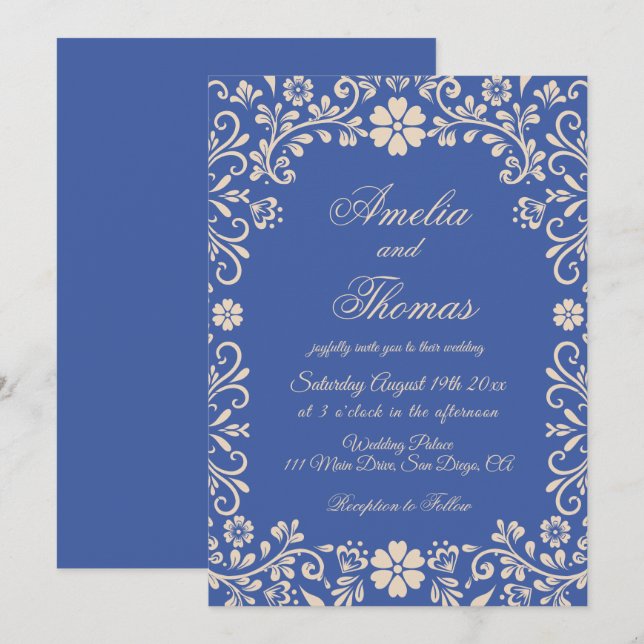 Convites Casamento Azul Francês (Frente/Verso)