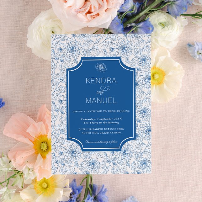 Convites Casamento Azul Francês Chic Floral Toile (Criador carregado)