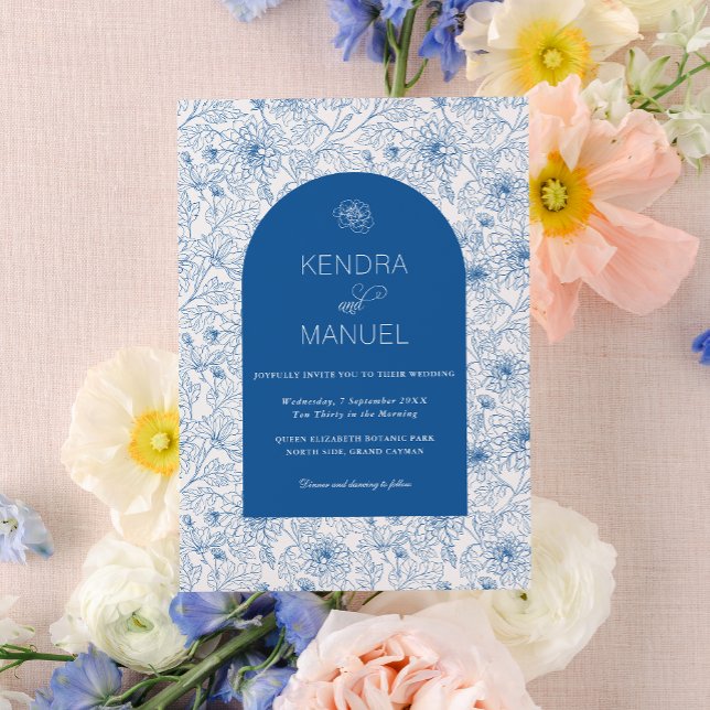 Convites Casamento Azul Francês com Toile Floral Arch Elega (Criador carregado)