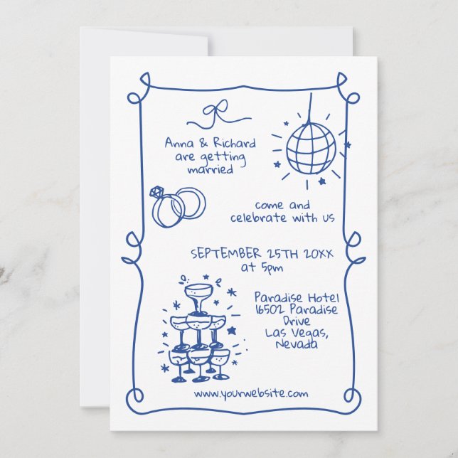 Convites Casamento Azul Francês Quirky Doodle (Frente)