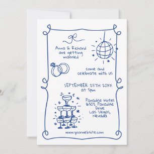 Convites Casamento Azul Francês Quirky Doodle