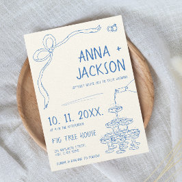 Convites Casamento Azul Francês Vintage Ilustrado