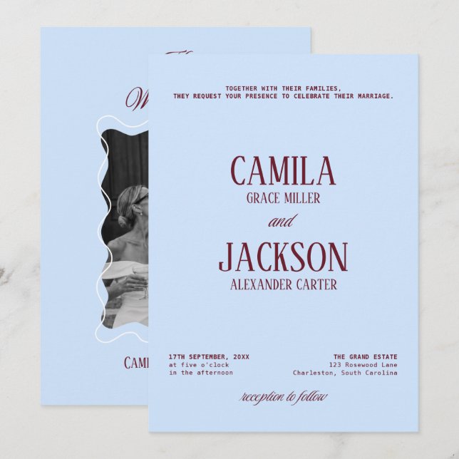 Convites Casamento Azul Frio e Burgundy  (Frente/Verso)
