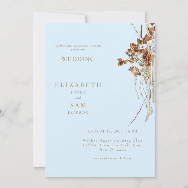 Convites Casamento Azul Gélido Boho Etéreo Sem Pais (Frente)