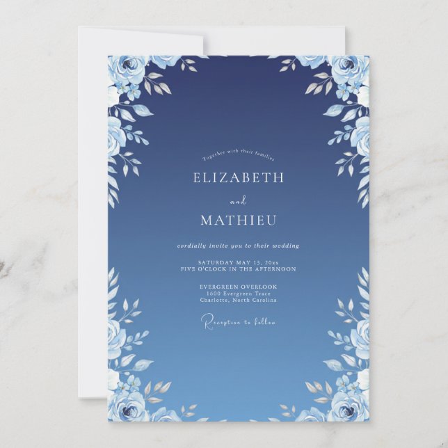 Convites Casamento Azul Índigo Ranunculus Eucalipto (Frente)