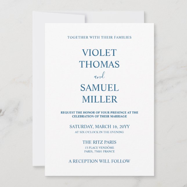 Convites Casamento Azul Luxo Minimalista  (Frente)