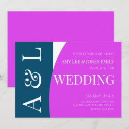 Convites Casamento Azul Magenta Geométrico Moderno e Brilha