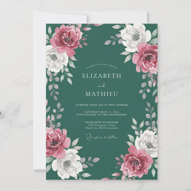 Convites Casamento Azul-Magenta Ranunculus Eucalipto Silenc (Frente)