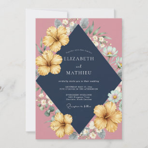 Convites Casamento Azul-Marinho Amarelo Hibisco Eucalipto
