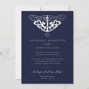 Convites Casamento Azul Marinho Âncora Náutica Elegante