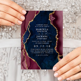 Convites Casamento Azul Marinho, Borgonha e Ágata Dourada