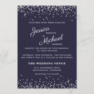 Convites Casamento Azul Marinho Brilho Prata Grafia Elegant