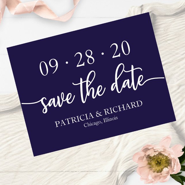 Convites Casamento Azul Marinho Caligrafia Save The Date (Criador carregado)