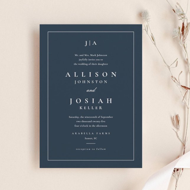 Convites Casamento Azul Marinho Clássico (Elegant navy blue wedding invitation with classic monogram and typography, and simple frame.)