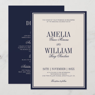 Convites Casamento Azul Marinho Clássico Atemporal Creme