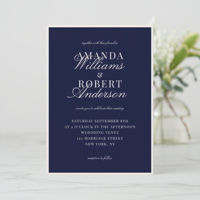 Convites Casamento Azul Marinho Clássico e Elegante com Est (Em pé/Frente)