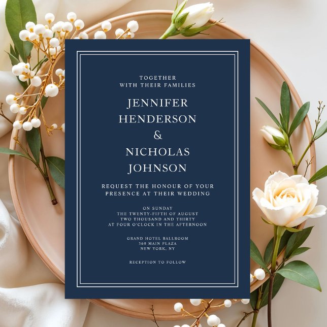 Convites Casamento Azul Marinho Clássico Elegante Moderno (Modern Elegant Classic Navy Blue Wedding Invitation)