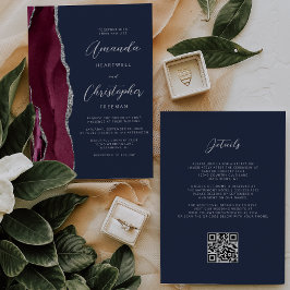 Convites Casamento Azul Marinho Código QR Ágata Prata Borgo