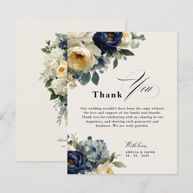 Convites Casamento Azul Marinho com Flores e Peônias Agrade (Frente/Verso)