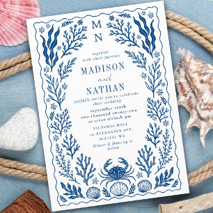 Convites Casamento Azul Marinho Concha de Caranguejo Oceano