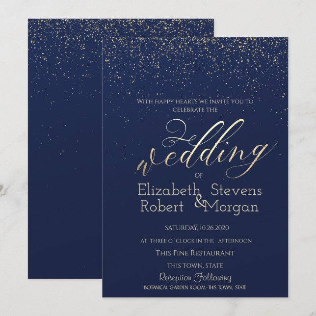 Convites Casamento Azul Marinho Confetes Simples Elegante (Frente/Verso)