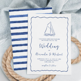 Convites Casamento Azul Marinho de Barco à Vela Desenhado à