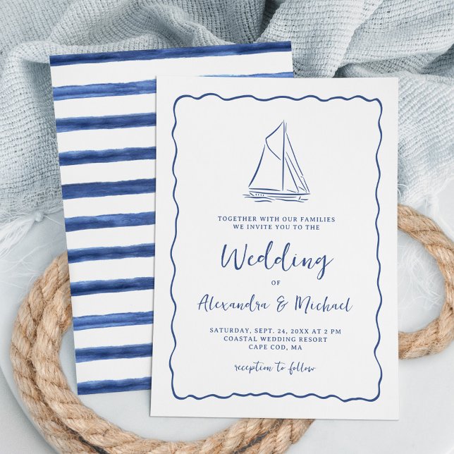 Convites Casamento Azul Marinho de Barco à Vela Desenhado à (Criador carregado)