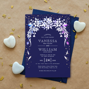 Convites Casamento azul-marinho de granja floral branco