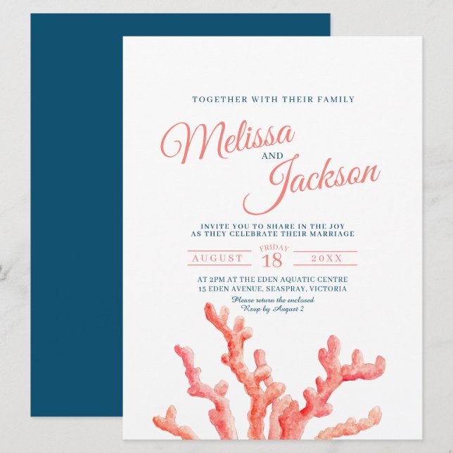 Convites Casamento azul marinho de pintura a aquarela de co (Frente/Verso)