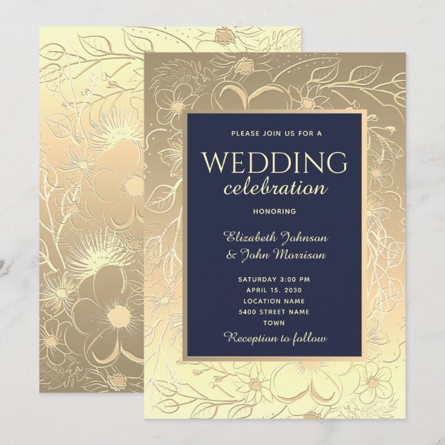 Convites Casamento Azul Marinho Dourado Elegante (Frente/Verso)