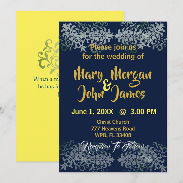 Convites Casamento Azul Marinho Dourado Prata Amarelo (Frente/Verso)