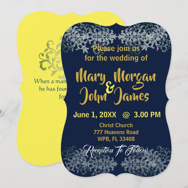 Convites Casamento Azul Marinho Dourado Prata Amarelo (Frente/Verso)