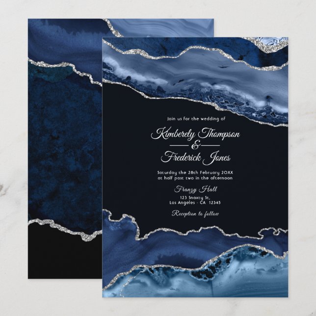 Convites Casamento Azul Marinho e Ágata Prata (Frente/Verso)