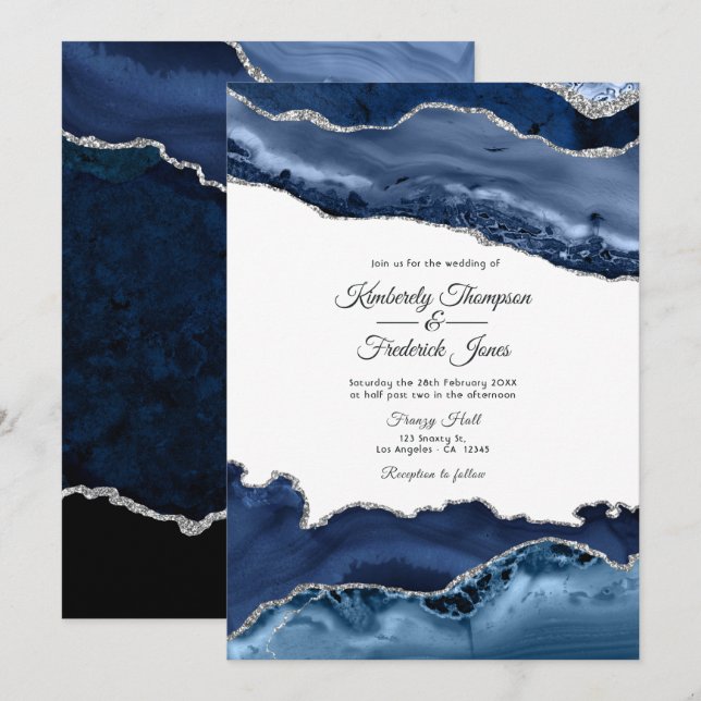 Convites Casamento Azul Marinho e Ágata Prata (Frente/Verso)