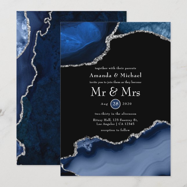 Convites Casamento Azul Marinho e Ágata Prata (Frente/Verso)