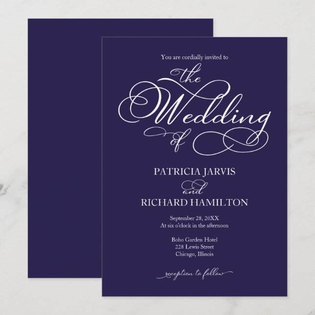 Convites Casamento Azul Marinho e Branco com Letra Elegante (Frente/Verso)