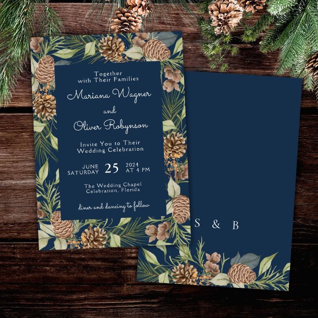 Convites Casamento Azul Marinho Elegante de Pinheiro de Inv (Criador carregado)